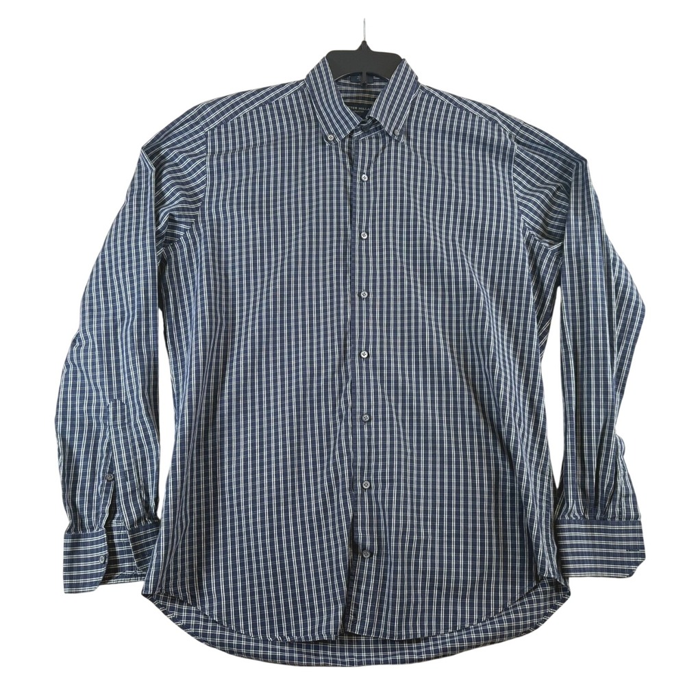 Peter Millar Collection Shirt Large Navy Blue Check Cotton Button Down RN100308